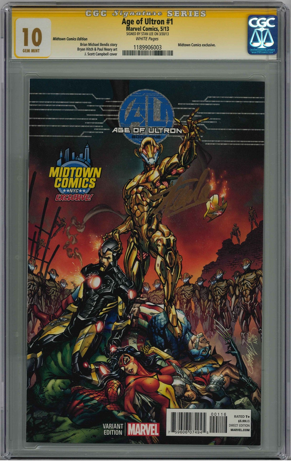 CGC AGE OF ULTRON (2013) #1 MIDTOWN COMICS EDITION (10) SIGNATURE SERIES - SIGNED BY STAN LEE