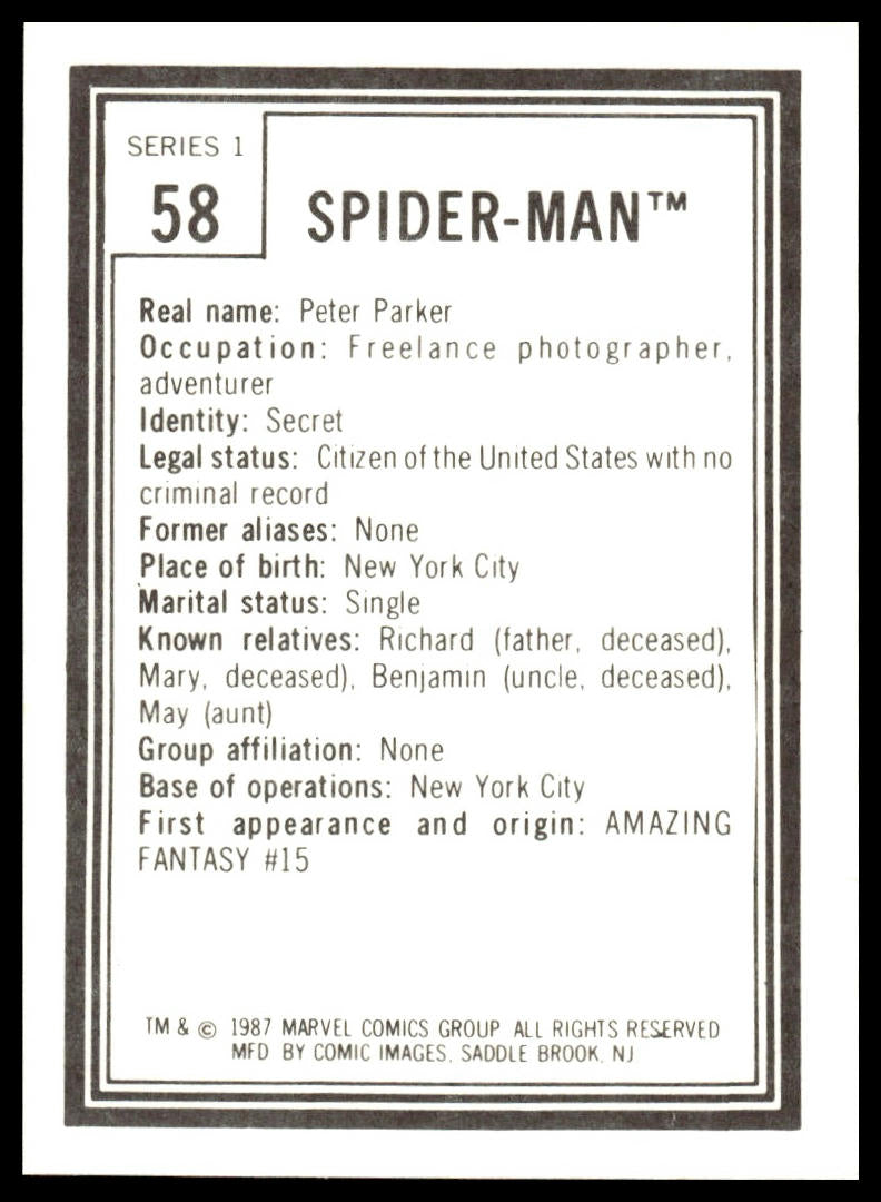 1987 COMIC IMAGES MARVEL UNIVERSE I #58 SPIDER-MAN