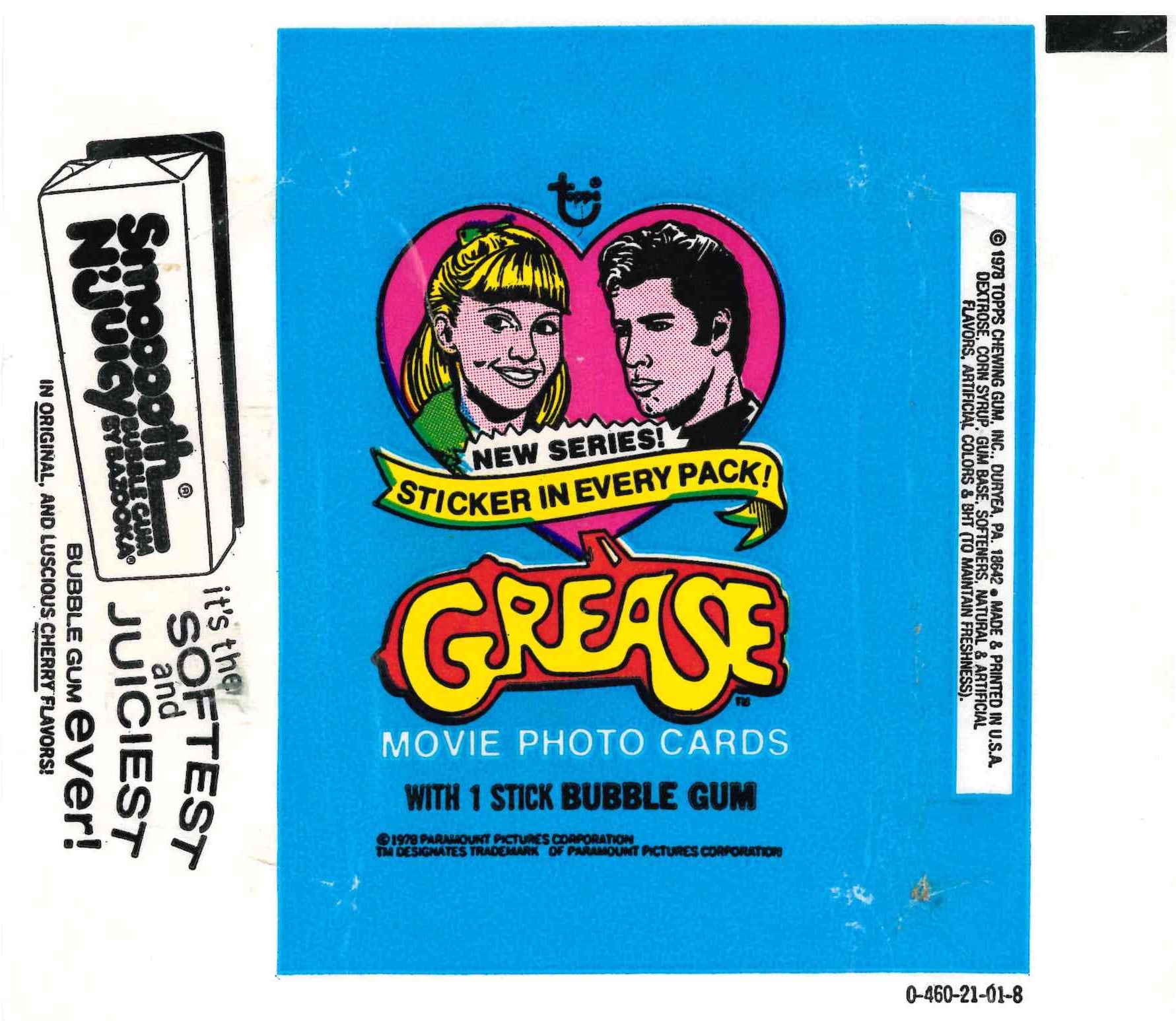 1978 TOPPS GREASE BLUE EMPTY WRAPPER - SMOOTH N' JUICY