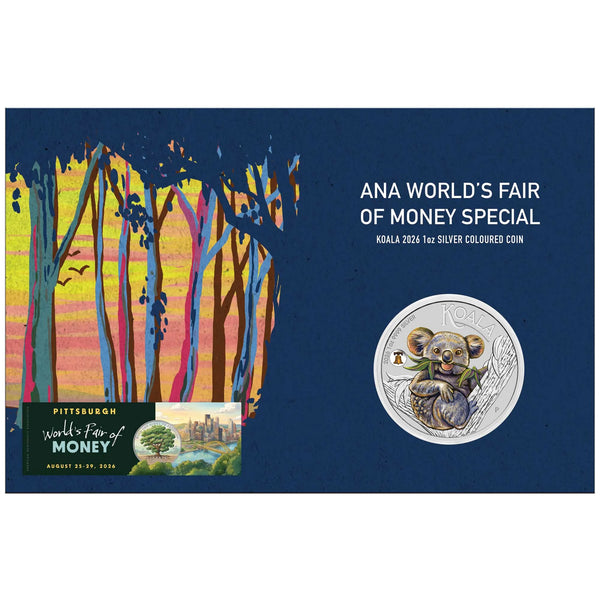 ANA WORLD'S FAIR OF MONEY SPECIAL KOALA 2026 1oz SILVER COLOURED COIN WITH LIBERTY BELL PRIVY MARK