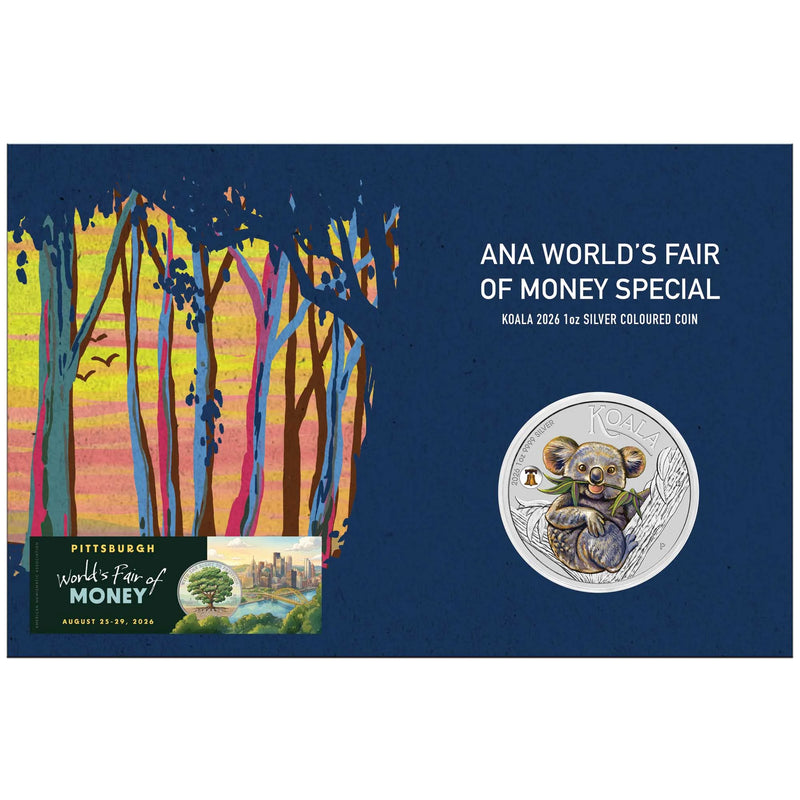ANA WORLD'S FAIR OF MONEY SPECIAL KOALA 2026 1oz SILVER COLOURED COIN WITH LIBERTY BELL PRIVY MARK