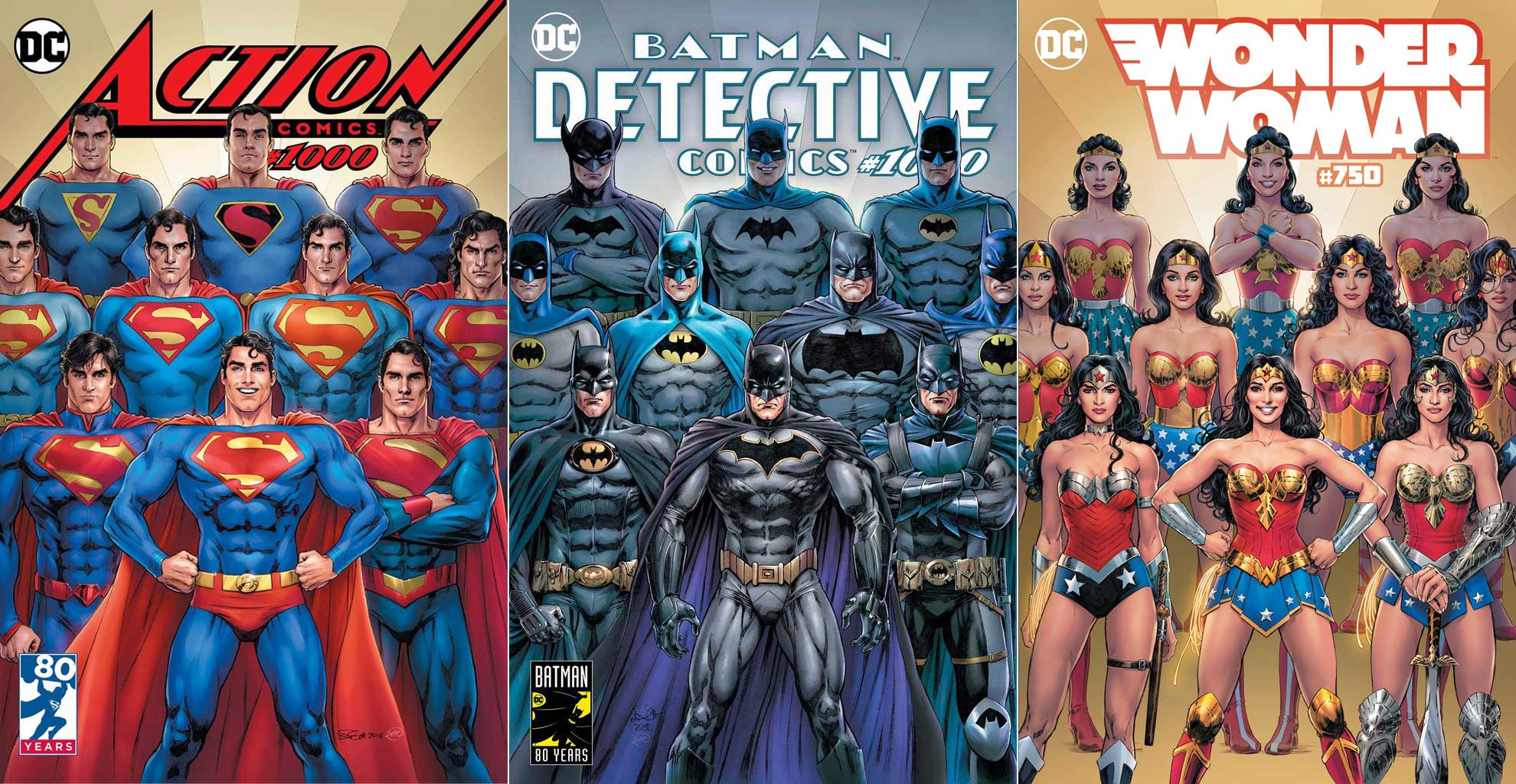 SET OF 3 - FIRST PRINTING/2500 NICOLA SCOTT DETECTIVE #1000 ACTION COMICS #1000 WONDER WOMAN #750 KINGS COMICS EXCLUSIVE VARIANT