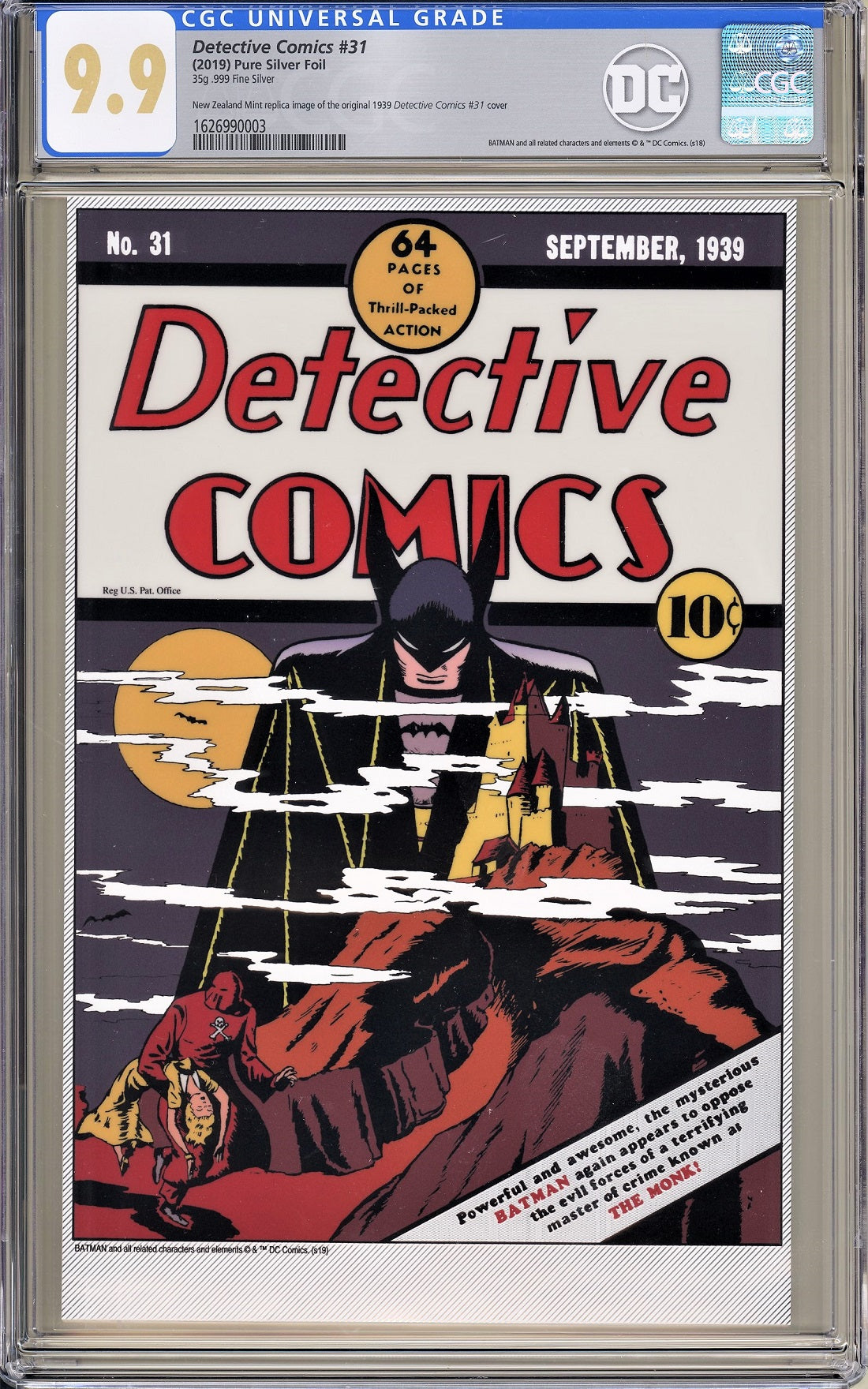 CGC DETECTIVE COMICS #31 - 35g PURE SILVER FOIL (9.9)