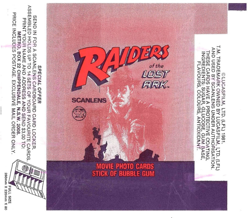 1981 SCANLENS RAIDERS OF THE LOST ARK EMPTY WRAPPER