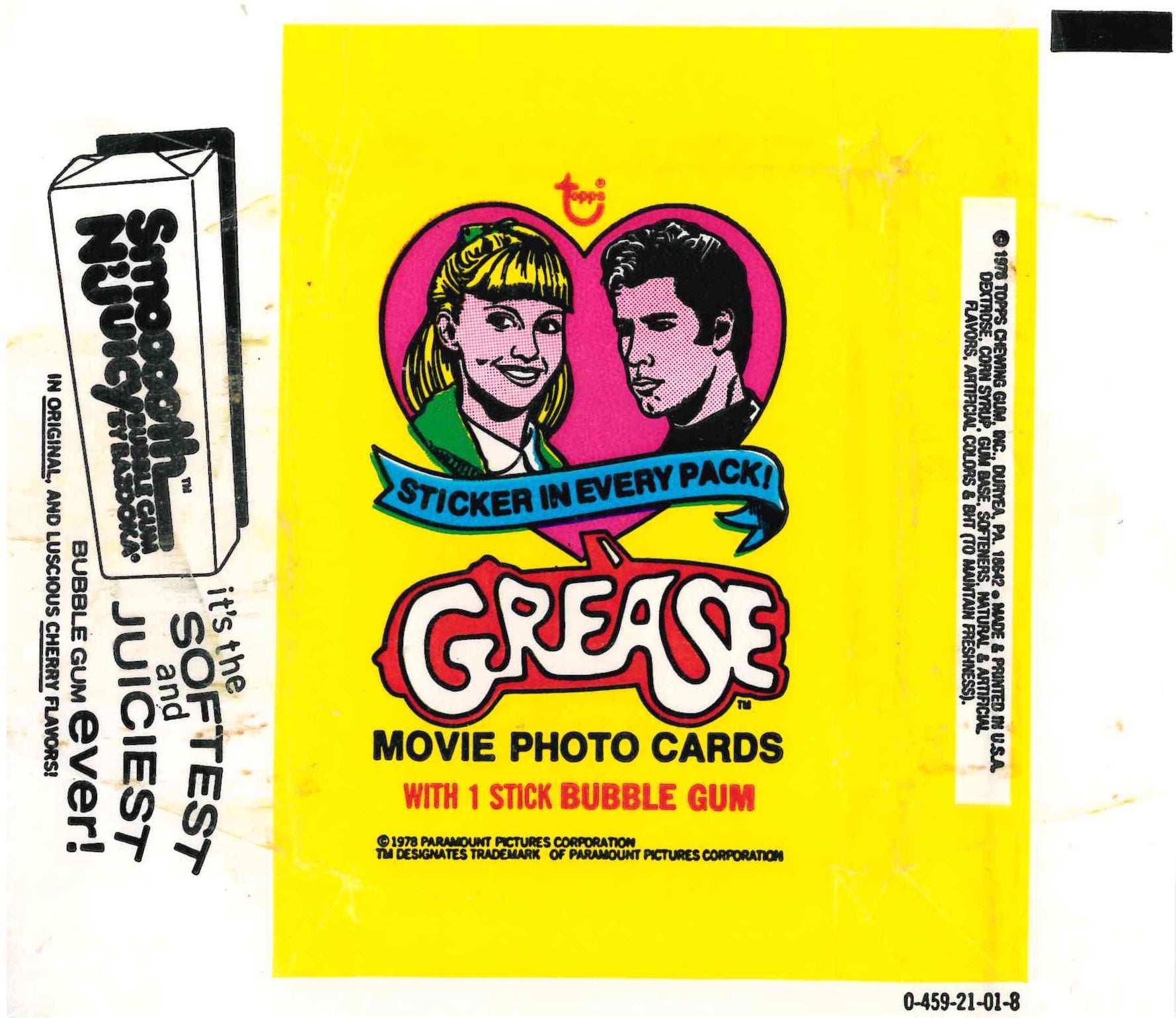 1978 TOPPS GREASE YELLOW EMPTY WRAPPER - SMOOTH N' JUICY