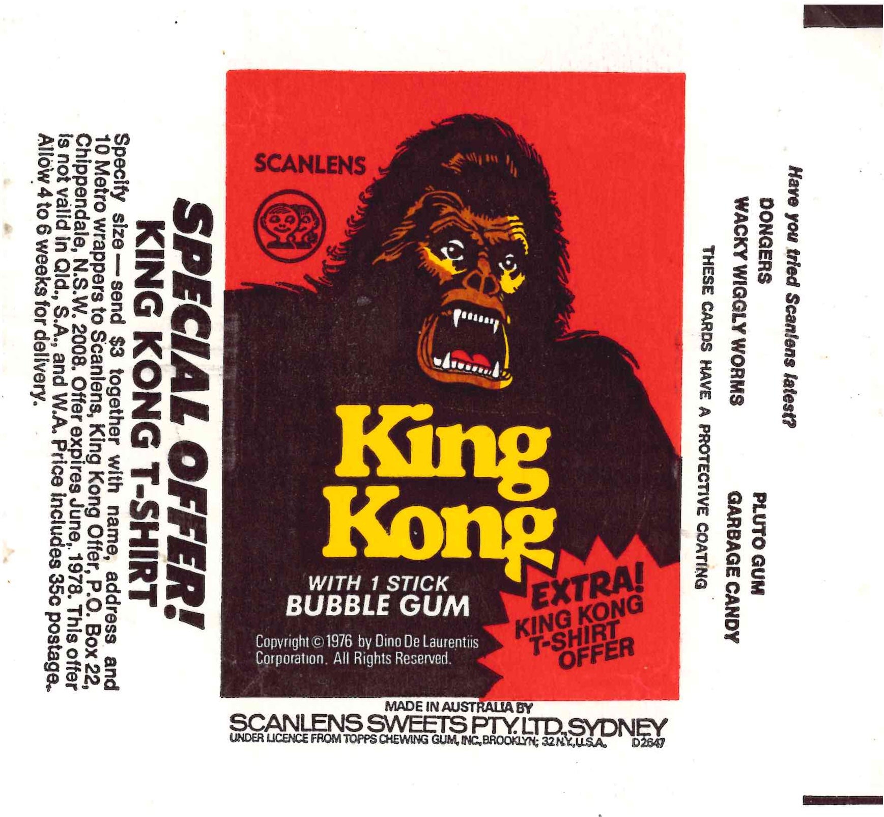 1976 SCANLENS KING KONG EMPTY WRAPPER