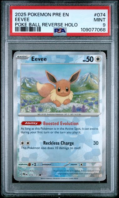 2025 POKEMON PRE EN #074 EEVEE POKE BALL REVERSE HOLO PSA 9