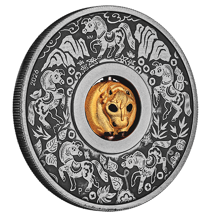 YEAR OF THE HORSE ROTATING CHARM 2026 1oz SILVER ANTIQUED COIN