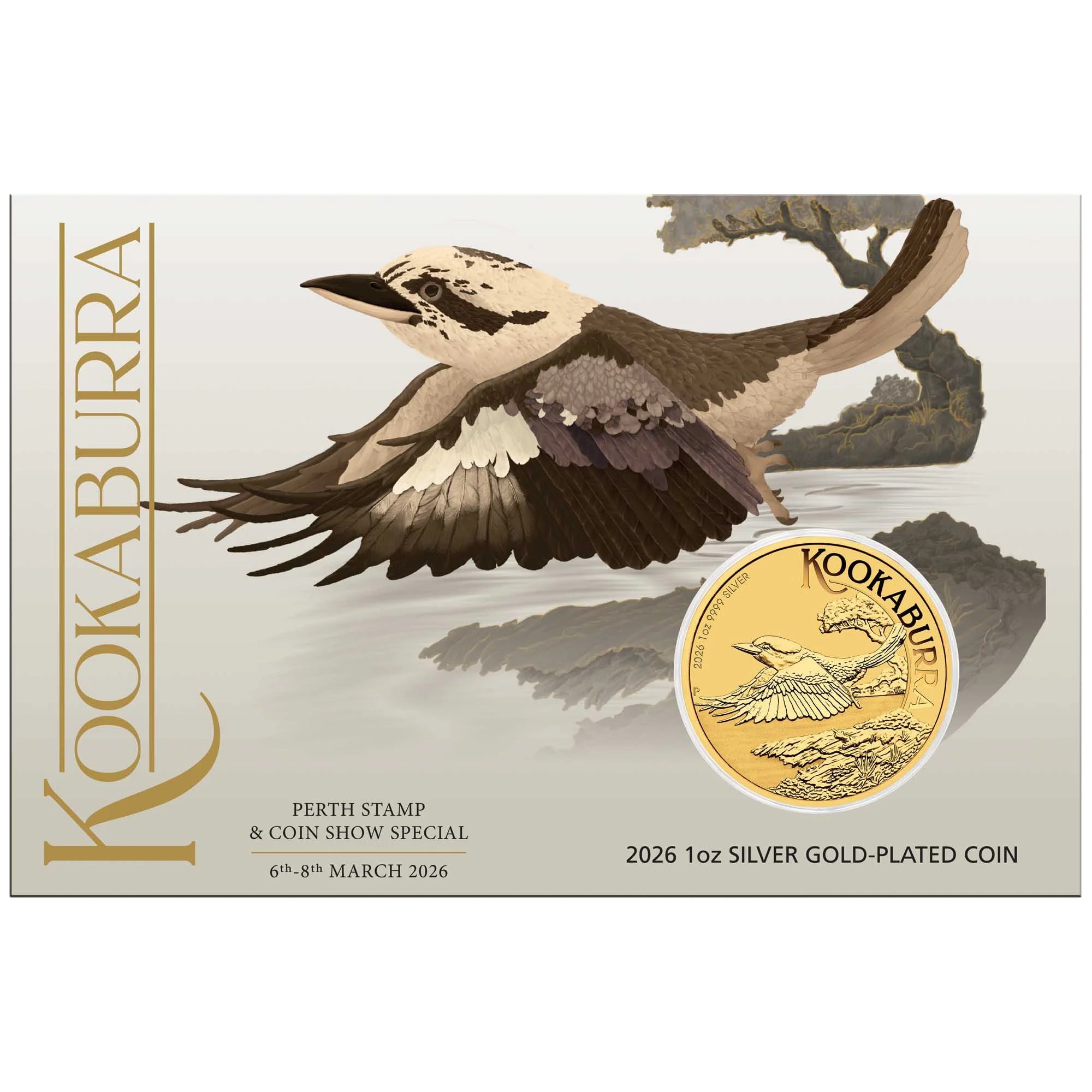 PERTH STAMP AND COIN SHOW SPECIAL KOOKABURRA 2026 1oz SILVER GOLD-PLATED COIN IN CARD