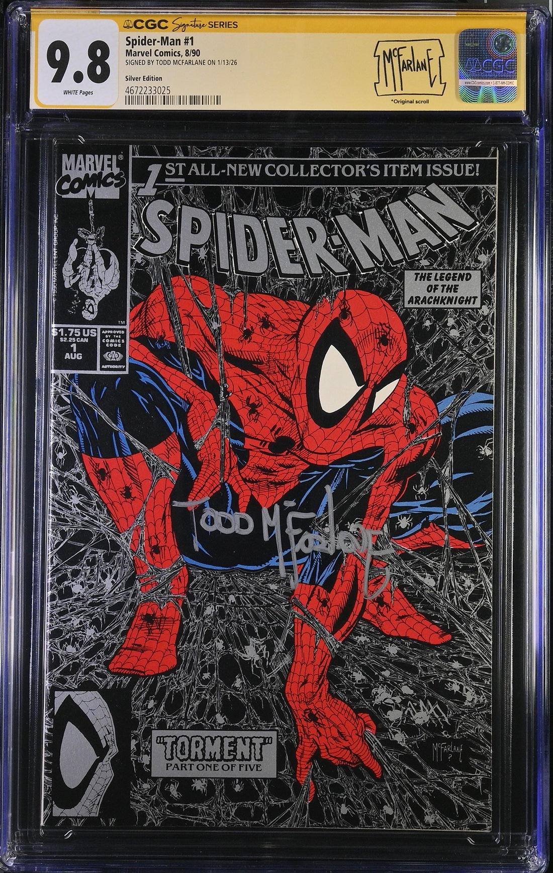 CGC SPIDER-MAN (1990) #1 SILVER EDITION (9.8) SIGNATURE SERIES - SIGNED BY TODD MCFARLANE