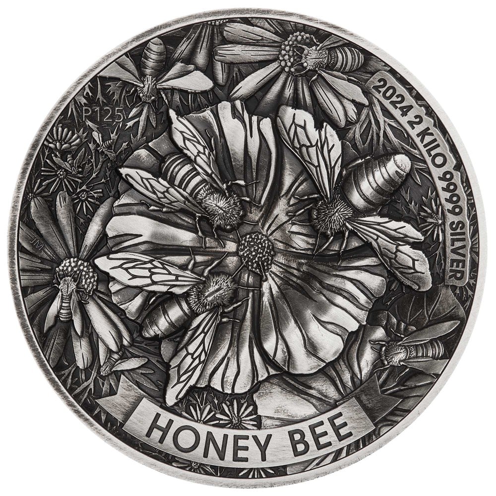 HONEY BEE 2024 2 KILO SILVER ANTIQUED HIGH RELIEF COIN