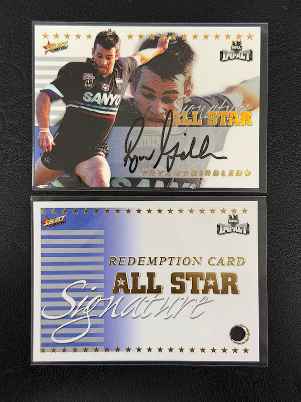 2001 SELECT NRL IMPACT ALL STAR RYAN GIRDLER #AS4 009/100 SIGNED AUTOGRAPH WITH REDEMPTION CARD