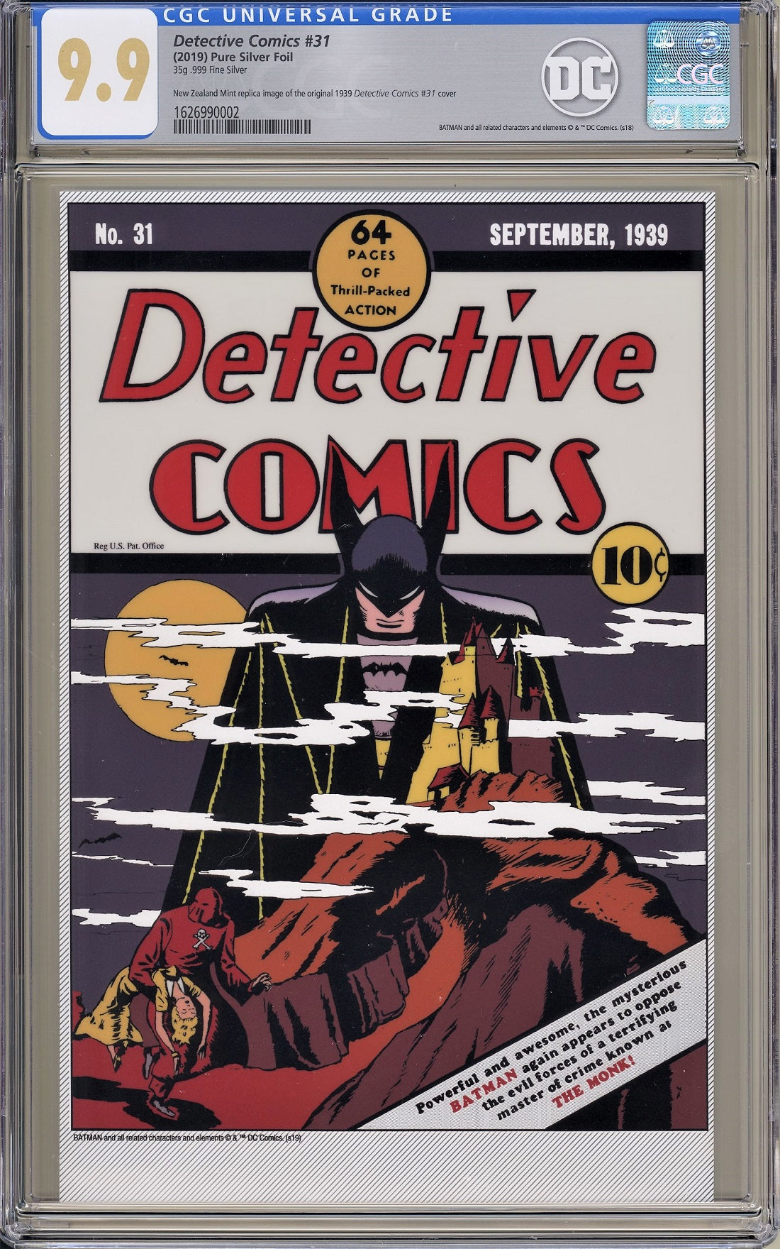 CGC DETECTIVE COMICS #31 - 35g PURE SILVER FOIL (9.9)