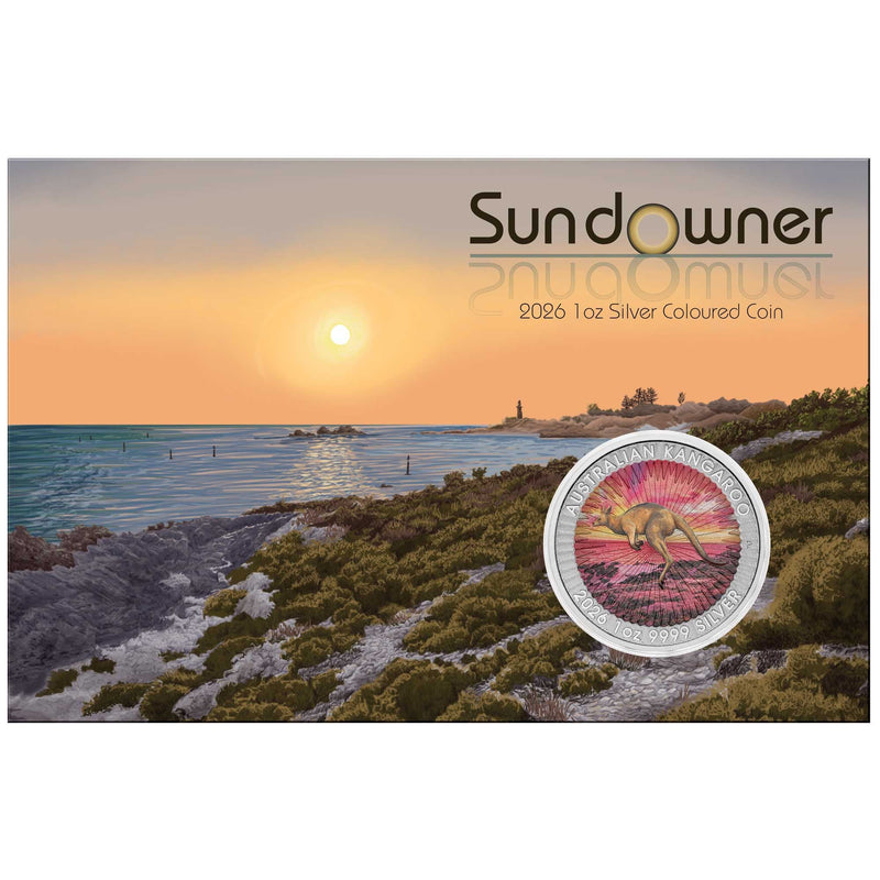 SUNDOWNER -RED KANGAROO 2026 1oz SILVER COLOURED COIN ON CARD