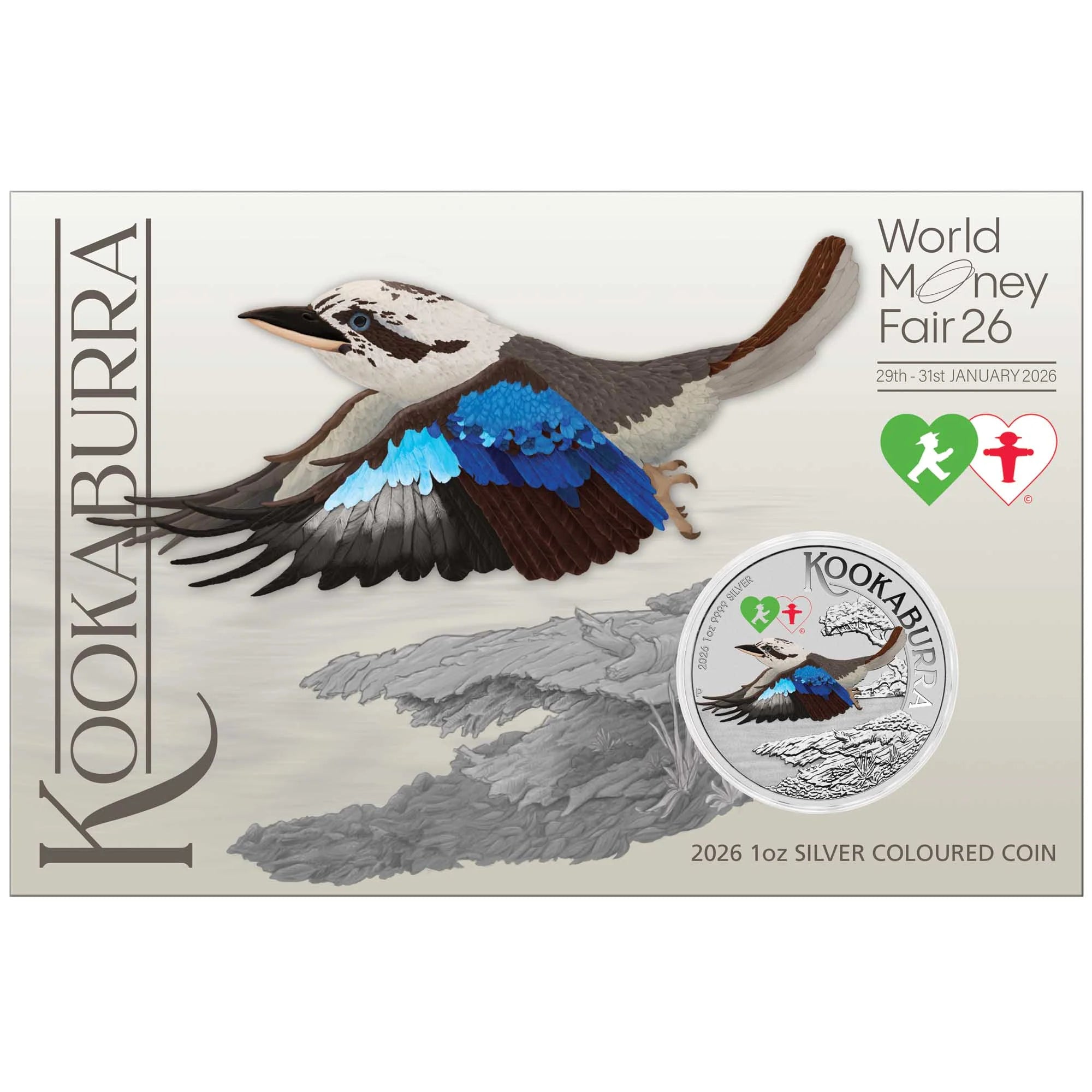 WORLD MONEY FAIR - COIN SHOW SPECIAL AUSTRALIAN KOOKABURRA 2026 1oz SILVER COLOURED COIN ON CARD (LIMIT 1 PER HOUSEHOLD)