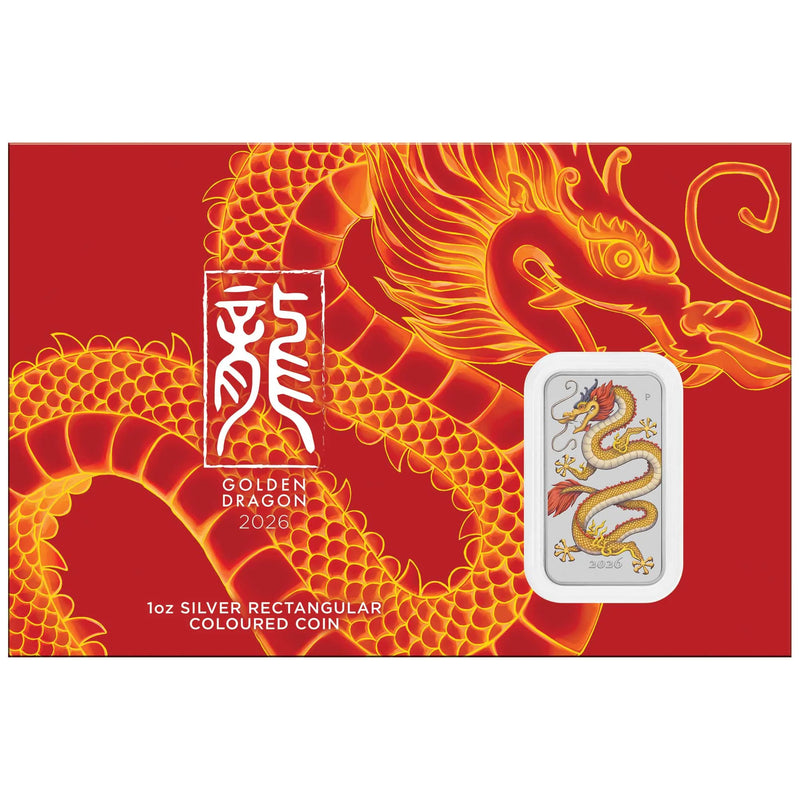 GOLDEN DRAGON 2026 1oz SILVER COLOURED RECTANGULAR COIN IN CARD