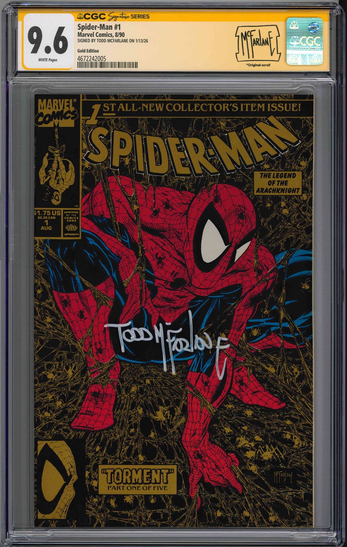 CGC SPIDER-MAN (1990) #1 GOLD EDITION (9.6) SIGNATURE SERIES - SIGNED BY TODD MCFARLANE