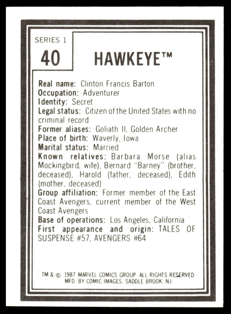 1987 COMIC IMAGES MARVEL UNIVERSE I #40 HAWKEYE