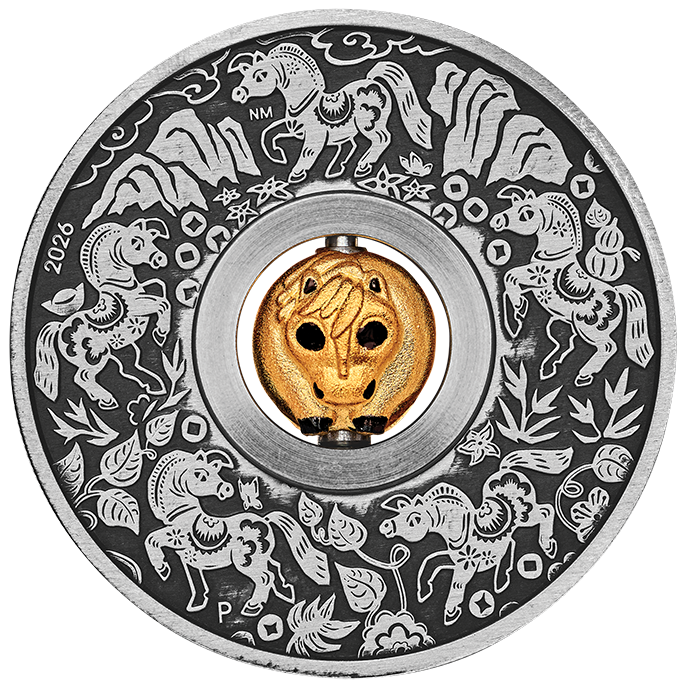 YEAR OF THE HORSE ROTATING CHARM 2026 1oz SILVER ANTIQUED COIN