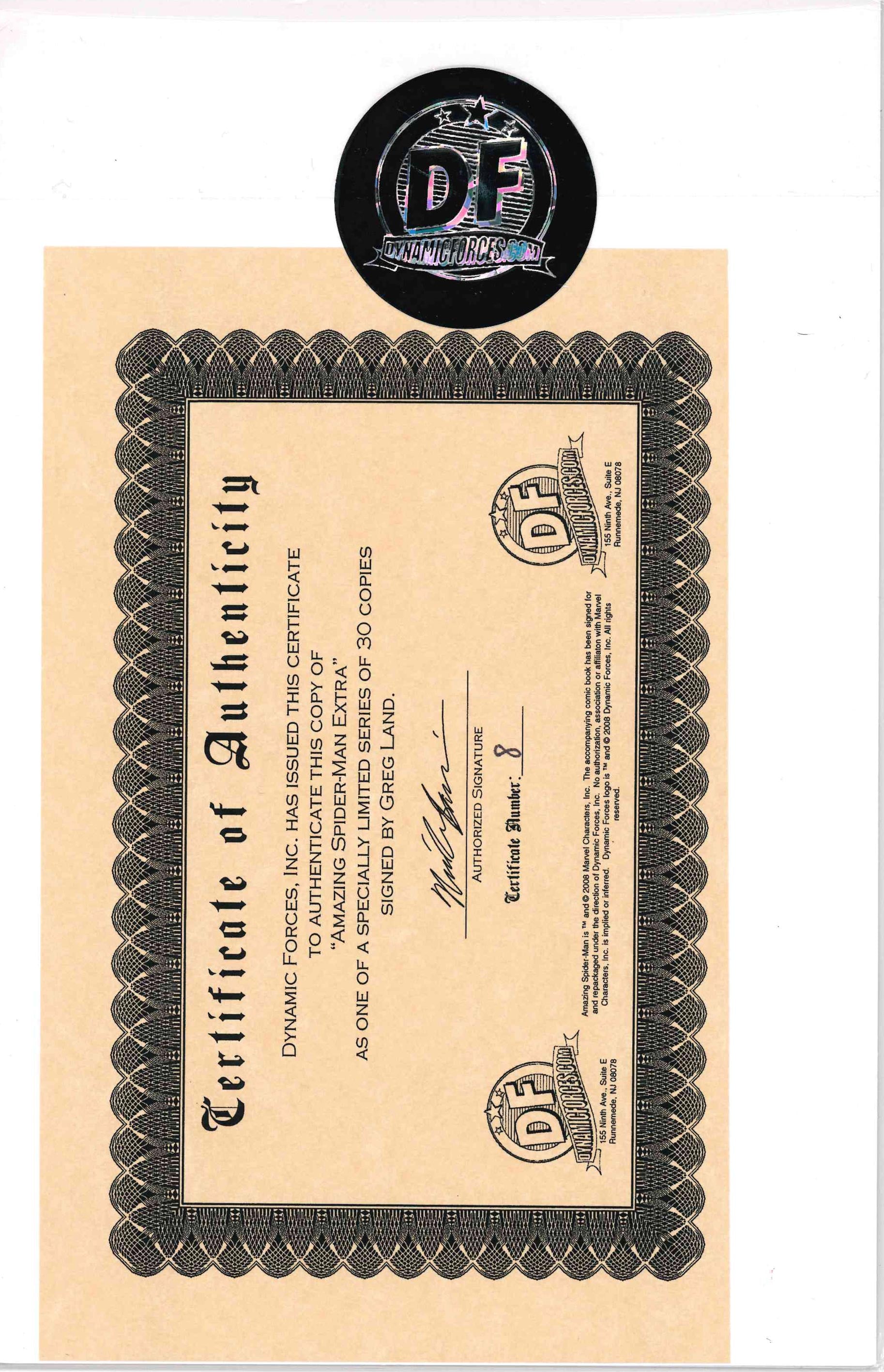 *SIGNED* DYNAMIC FORCES AMAZING SPIDER-MAN EXTRA (2008) #1 WITH COA - SIGNED BY GREG LAND #8/30