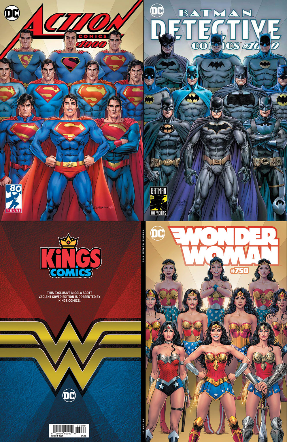 SET OF 3 - FIRST PRINTING/2500 NICOLA SCOTT DETECTIVE #1000 ACTION COMICS #1000 WONDER WOMAN #750 KINGS COMICS EXCLUSIVE VARIANT