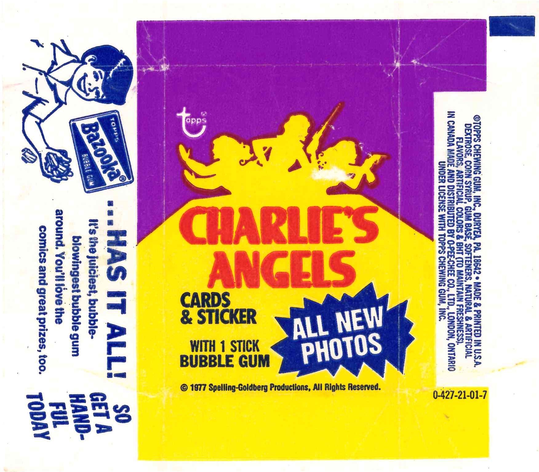 1977 TOPPS CHARLIES ANGELS PURPLE EMPTY WRAPPER - BAZOOKA