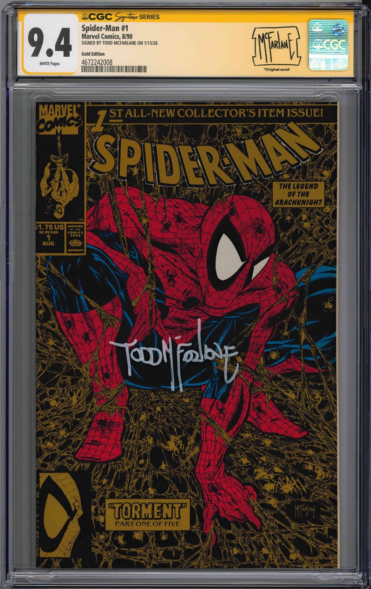 CGC SPIDER-MAN (1990) #1 GOLD EDITION (9.4) SIGNATURE SERIES - SIGNED BY TODD MCFARLANE