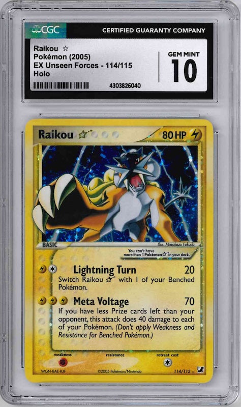 2005 POKEMON EX UNSEEN FORCES RAIKOU HOLO #114 CGC 10