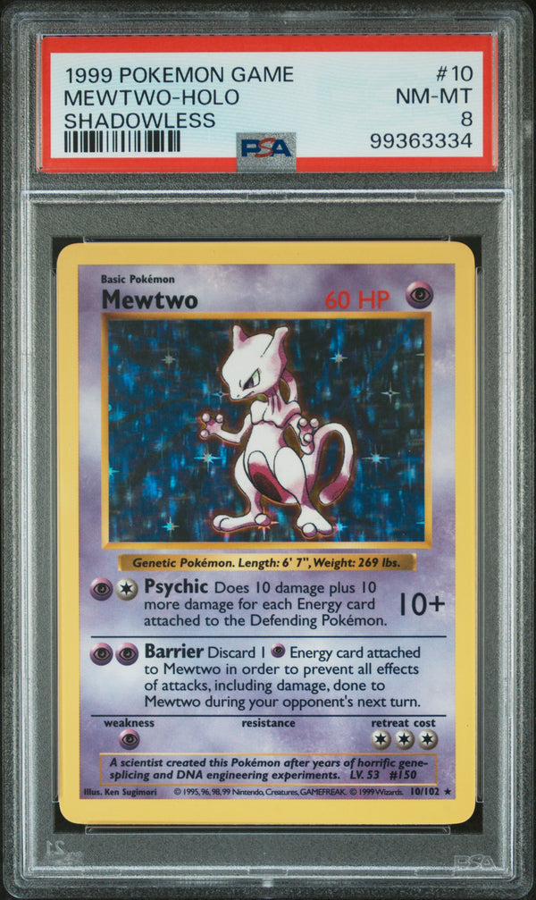 1999 POKEMON GAME SHADOWLESS MEWTWO HOLO #10 PSA 8
