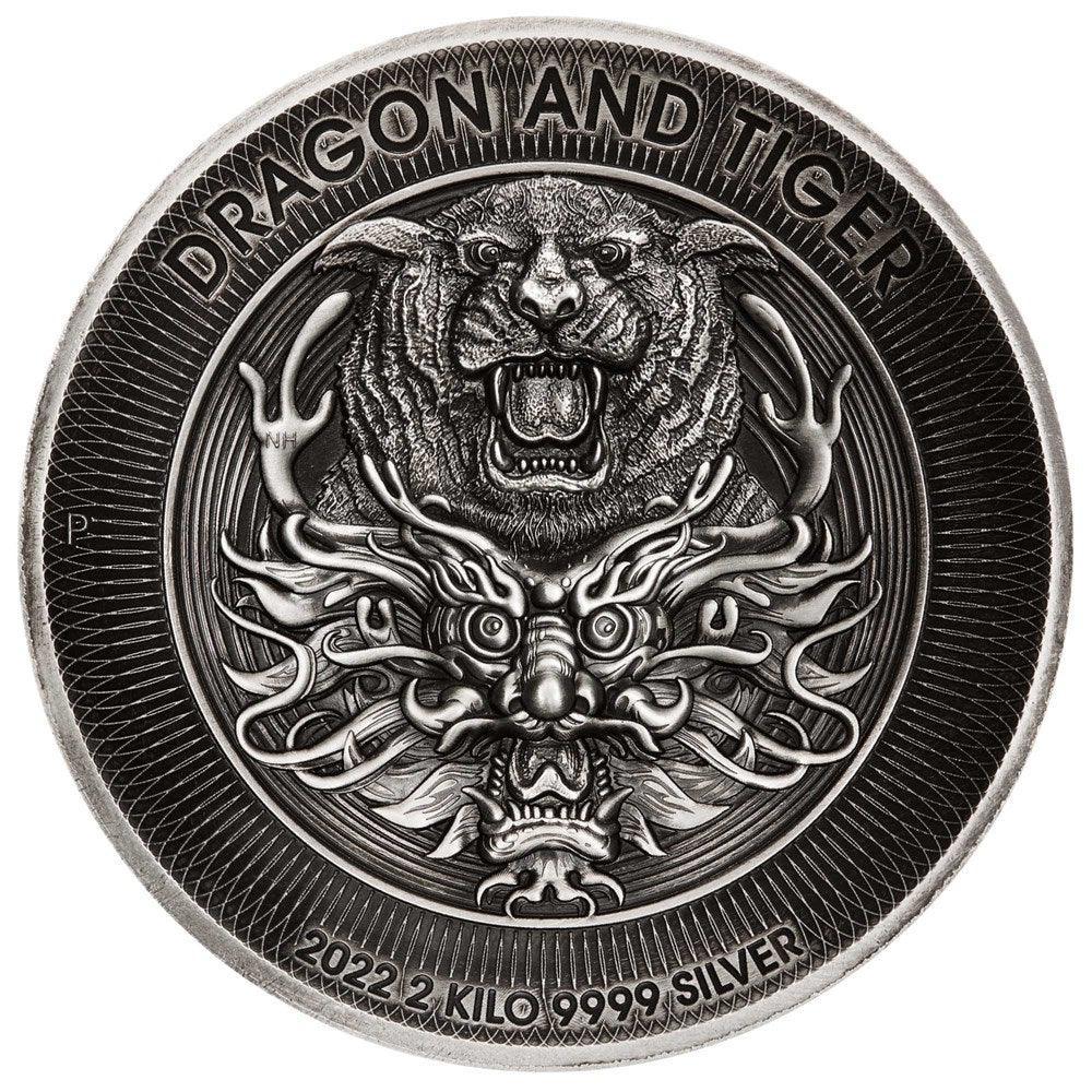 DRAGON AND TIGER 2022 2 KILO SILVER ANTIQUED HIGH RELIEF COIN - Kings Comics