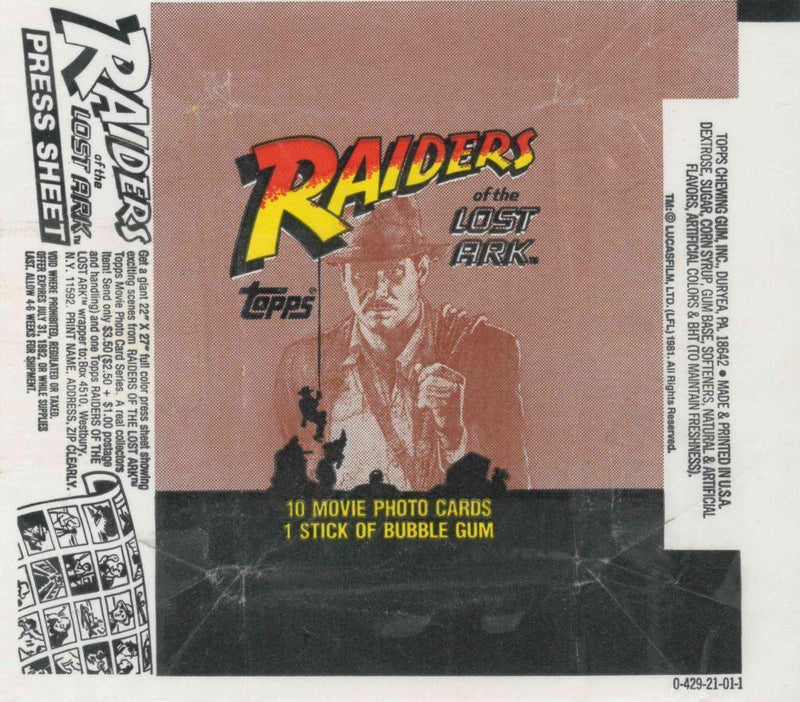 1981 TOPPS RAIDERS OF THE LOST ARK EMPTY WRAPPER - PRESS SHEET